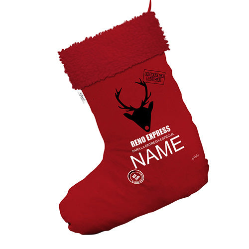 Personalised Reno Express Entrega Especial Reindeer Jumbo Red Christmas Stocking With Red Faux Fur Trim
