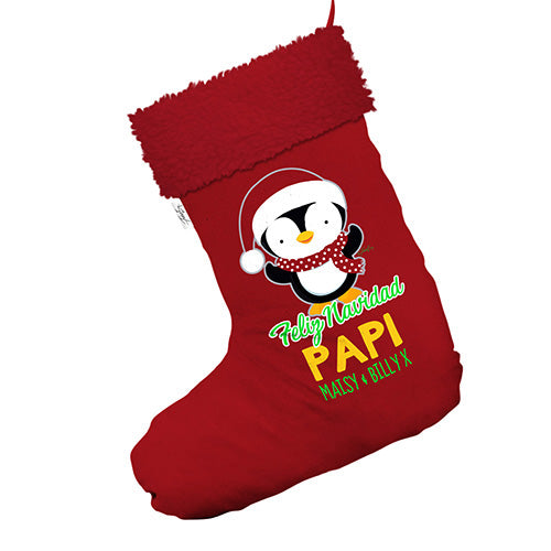 Personalised Feliz Navidad Christmas Penguin Jumbo Red Santa Claus Christmas Stockings With Red Faux Fur Trim