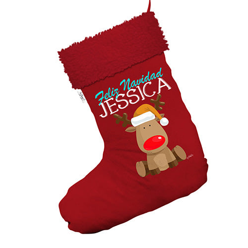 Personalised Red Nose Reindeer Feliz Navidad Jumbo Red Deluxe Christmas Stocking With Red Faux Fur Trim