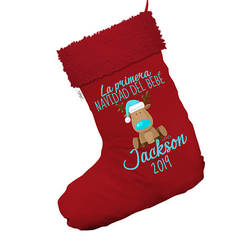 Personalised Navidad Del Beb?¶© Reindeer Jumbo Red Christmas Stocking Gift Bag With Red Faux Fur Trim