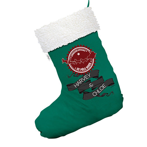 Personalised De P??le Nord Livraison Sp?¶©ciale Green Deluxe Christmas Stocking With White Fur Trim