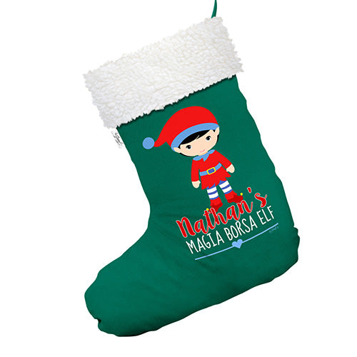 Personalised Magia Borsa Elf Green Christmas Stocking Gift Bag With White Fur Trim