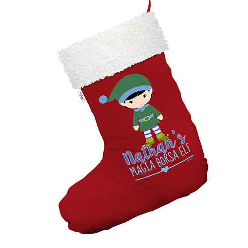 Personalised Magia Borsa Elf Red Christmas Stocking With White Fur Trim