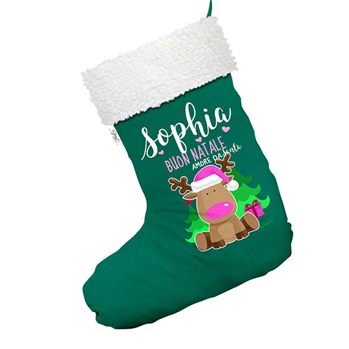 Personalised Buon Natale Reindeer Green Santa Claus Christmas Stockings With White Fur Trim