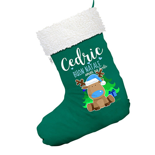 Personalised Reindeer Buon Natale Green Christmas Stocking Gift Bag With White Fur Trim