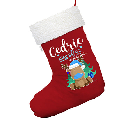 Personalised Reindeer Buon Natale Red Christmas Stockings Socks With White Fur Trim