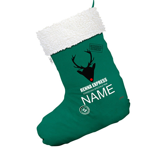 Personalised Renna Express Consegna Speciale Green Christmas Stockings Socks With White Fur Trim