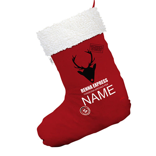 Personalised Renna Express Consegna Speciale Red Christmas Stockings Socks With White Fur Trim