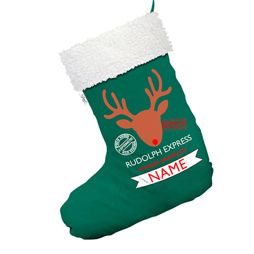 Personalised Rudolph Express Consegna Speciale Green Christmas Stocking Gift Bag With White Fur Trim