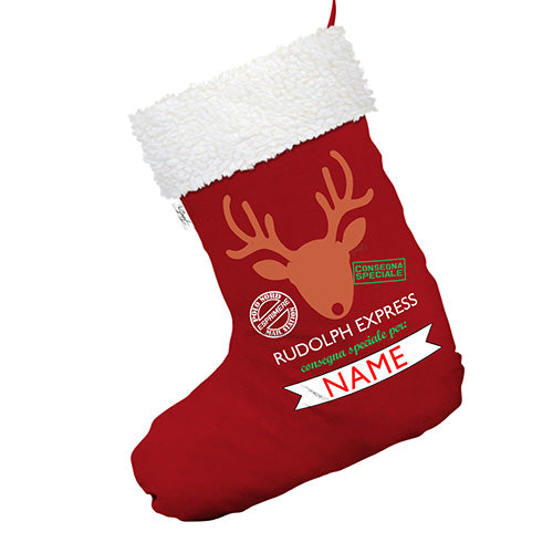 Personalised Rudolph Express Consegna Speciale Red Christmas Stocking With White Fur Trim