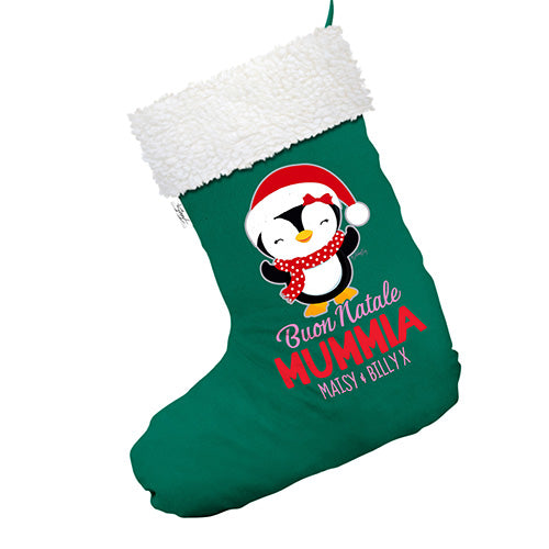 Personalised Penguin Buon Natale Green Christmas Stockings Socks With White Fur Trim