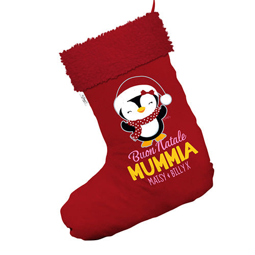 Personalised Penguin Buon Natale Jumbo Red Christmas Stockings Socks With Red Faux Fur Trim