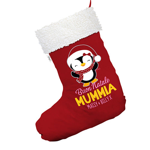 Personalised Penguin Buon Natale Red Christmas Stockings Socks With White Fur Trim