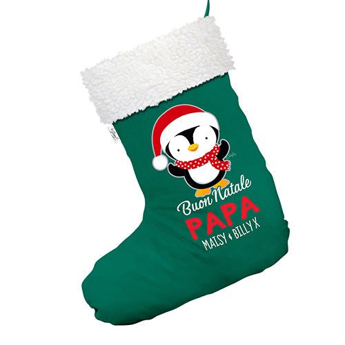 Personalised Buon Natale Penguin Green Christmas Stocking With White Fur Trim