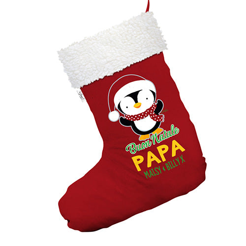 Personalised Buon Natale Penguin Red Deluxe Christmas Stocking With White Fur Trim