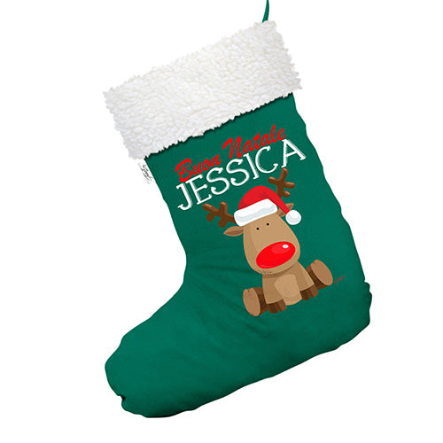 Personalised Buon Natale Christmas Reindeer Green Deluxe Christmas Stocking With White Fur Trim