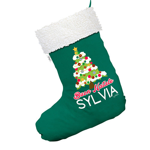 Personalised Buon Natale Christmas Tree Green Christmas Stocking With White Fur Trim