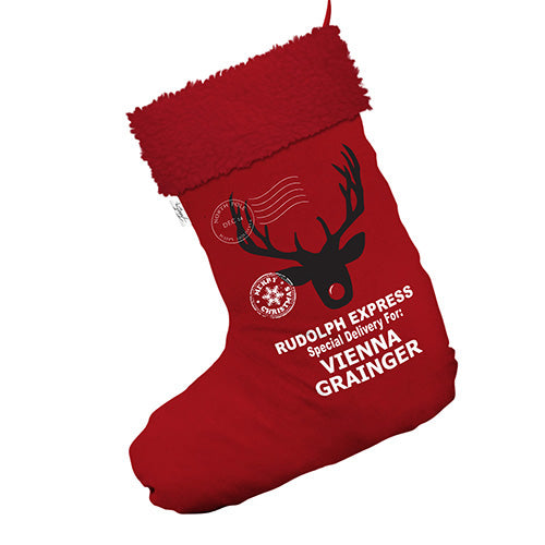 Rudolph Express Special Delivery Personalised Jumbo Red Christmas Stockings Socks With Red Faux Fur Trim