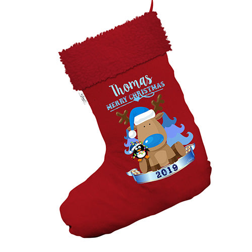 Merry Christmas Blue Reindeer Personalised Jumbo Red Christmas Stocking With Red Faux Fur Trim