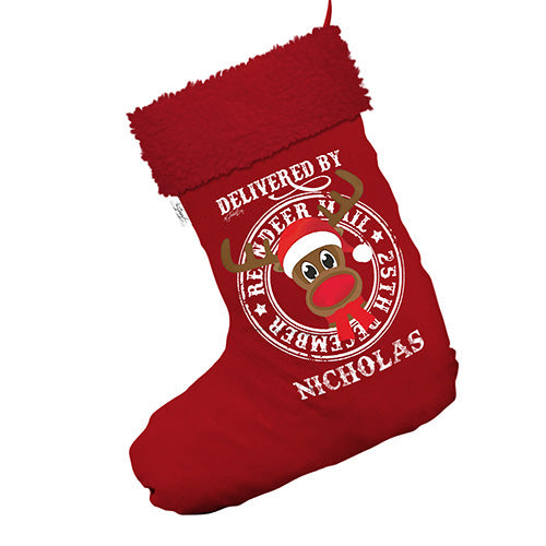 Delivery By Rudolph Personalised Jumbo Red Santa Claus Christmas Stockings With Red Faux Fur Trim