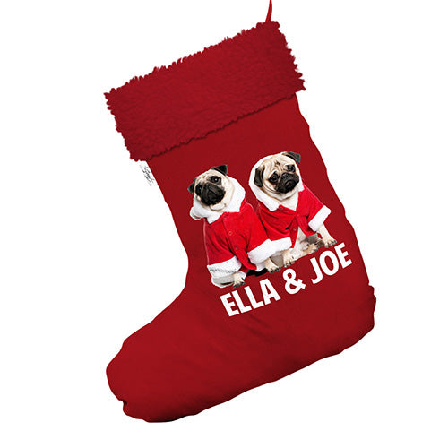 Personalised Christmas Pugs Wear Santa Costume Jumbo Red Christmas Stockings Socks With Red Faux Fur Trim