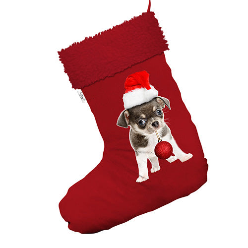 Puppy With Christmas Bauble Jumbo Red Santa Claus Christmas Stockings With Red Faux Fur Trim