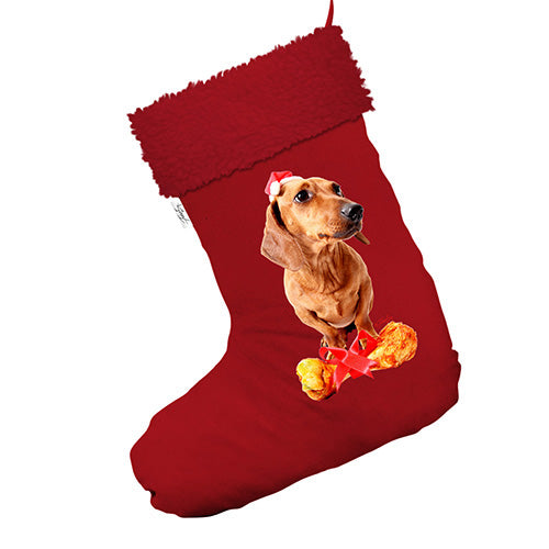 Santa Hat Doxie Dachshund Jumbo Red Christmas Stockings Socks With Red Faux Fur Trim