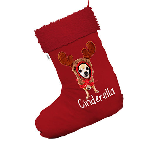 Personalised Christmas Reindeer Chihuahua Jumbo Red Christmas Stocking Gift Bag With Red Faux Fur Trim