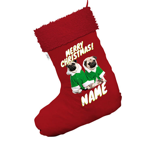 Personalised Santa Costume Pugs Jumbo Red Christmas Stockings Socks With Red Faux Fur Trim