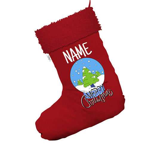 Merry Christmas Snow Globe Personalised Jumbo Red Deluxe Christmas Stocking With Red Faux Fur Trim