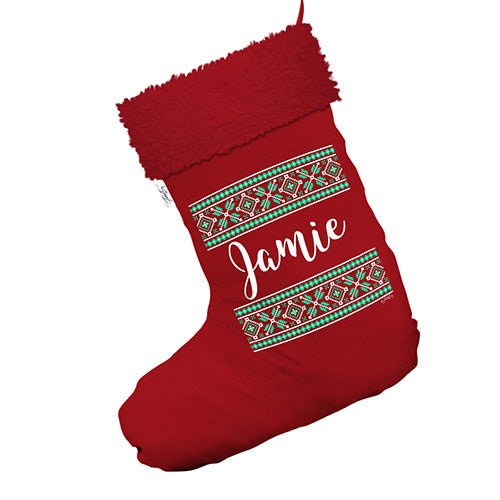 Personalised Christmas Jumper Pattern Jumbo Red Christmas Stocking Gift Bag With Red Faux Fur Trim