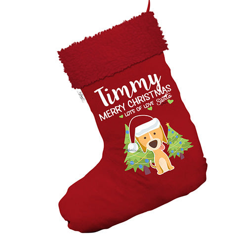 Merry Christmas Dog With Trees Personalised Jumbo Red Santa Claus Christmas Stockings With Red Faux Fur Trim