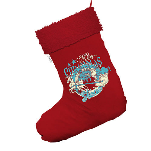 Santa Sleigh Grunge Christmas Personalised Jumbo Red Christmas Stocking Gift Bag With Red Faux Fur Trim