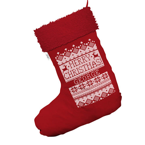 Merry Christmas Knit Effect Pattern Personalised Jumbo Red Deluxe Christmas Stocking With Red Faux Fur Trim