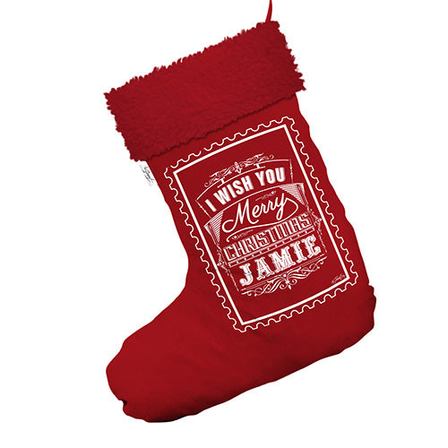 Personalised Christmas Stamp Jumbo Red Christmas Stocking Gift Bag With Red Faux Fur Trim