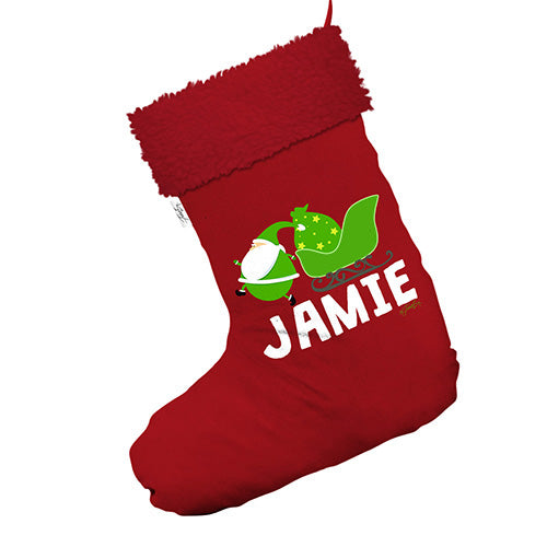 Santa's Sleigh Personalised Jumbo Red Santa Claus Christmas Stockings With Red Faux Fur Trim