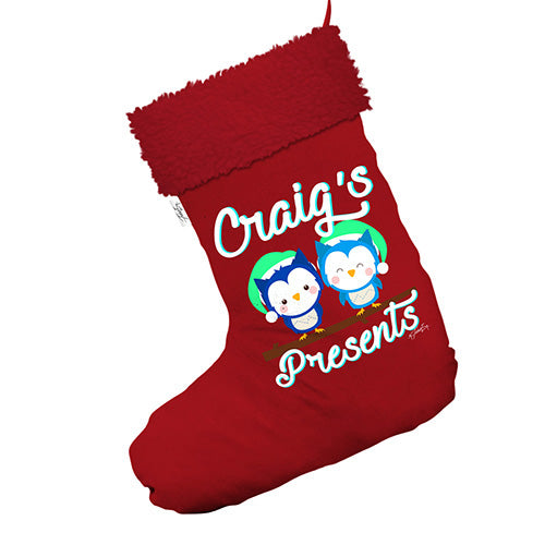 Cute Christmas Owls Personalised Jumbo Red Christmas Stockings Socks With Red Faux Fur Trim