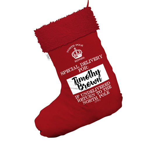 North Pole Express Delivery Personalised Jumbo Red Christmas Stockings Socks With Red Faux Fur Trim