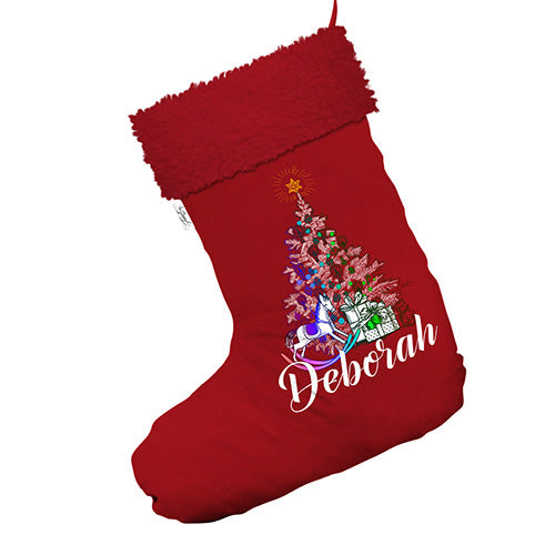 Rainbow Christmas Tree Personalised Jumbo Red Christmas Stocking With Red Faux Fur Trim