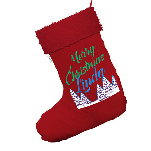 Snowy Trees Personalised Jumbo Red Christmas Stockings Socks With Red Faux Fur Trim