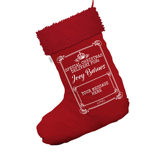 Vintage Special Christmas Message Personalised Jumbo Red Christmas Stocking With Red Faux Fur Trim