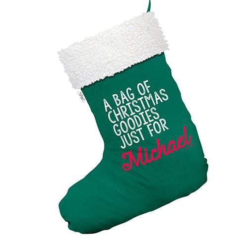 A Bag Of Christmas Goodies Personalised Green Christmas Stocking Gift Bag With White Fur Trim