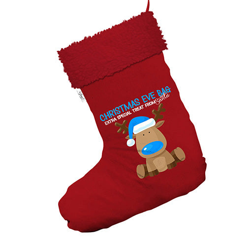 New Reindeer Blue Boy Christmas Eve Jumbo Red Deluxe Christmas Stocking With Red Faux Fur Trim