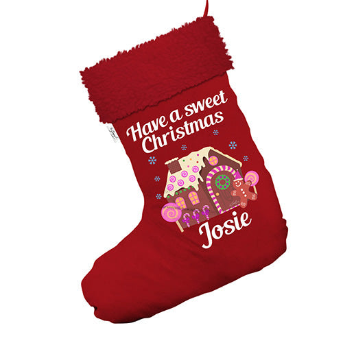 Sweet Christmas Gingerbread House Personalised Jumbo Red Christmas Stockings Socks With Red Faux Fur Trim