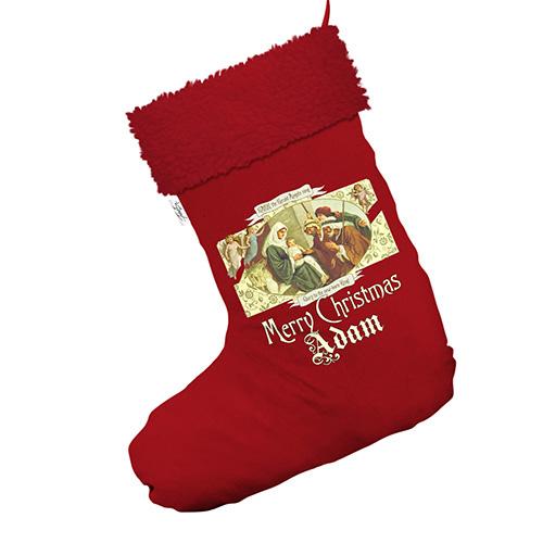 Merry Christmas Nativity Personalised Jumbo Red Deluxe Christmas Stocking With Red Faux Fur Trim