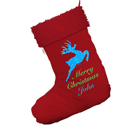 Personalised Prancing Reindeer Jumbo Red Deluxe Christmas Stocking With Red Faux Fur Trim