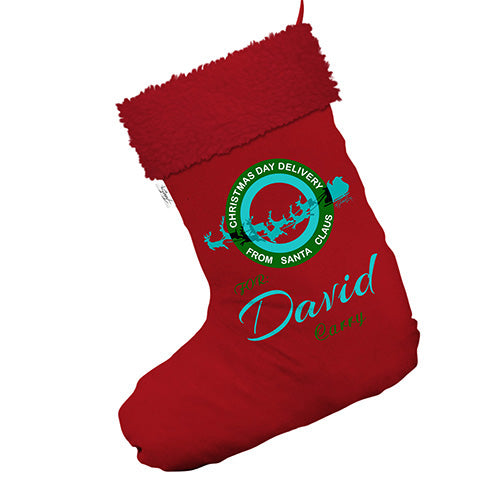 Personalised Christmas Day Delivery Jumbo Red Christmas Stocking With Red Faux Fur Trim
