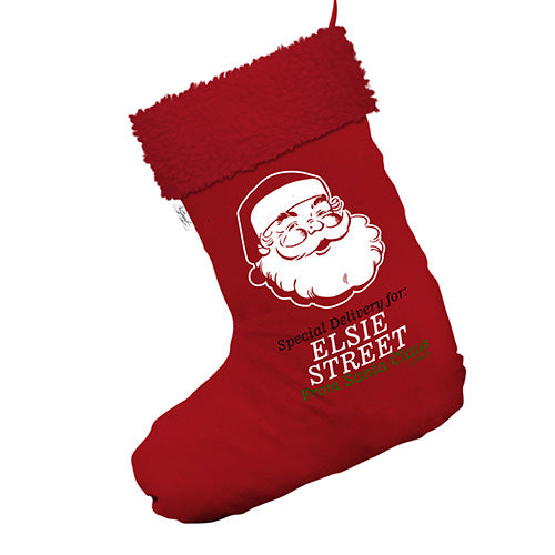 Personalised Santa Face Delivery Jumbo Red Christmas Stocking With Red Faux Fur Trim