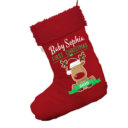 Personalised Baby's First Christmas Rudolph Jumbo Red Santa Claus Christmas Stockings With Red Faux Fur Trim