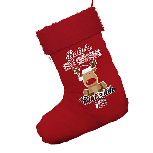 Personalised Baby First Christmas Rudolph Jumbo Red Christmas Stocking With Red Faux Fur Trim
